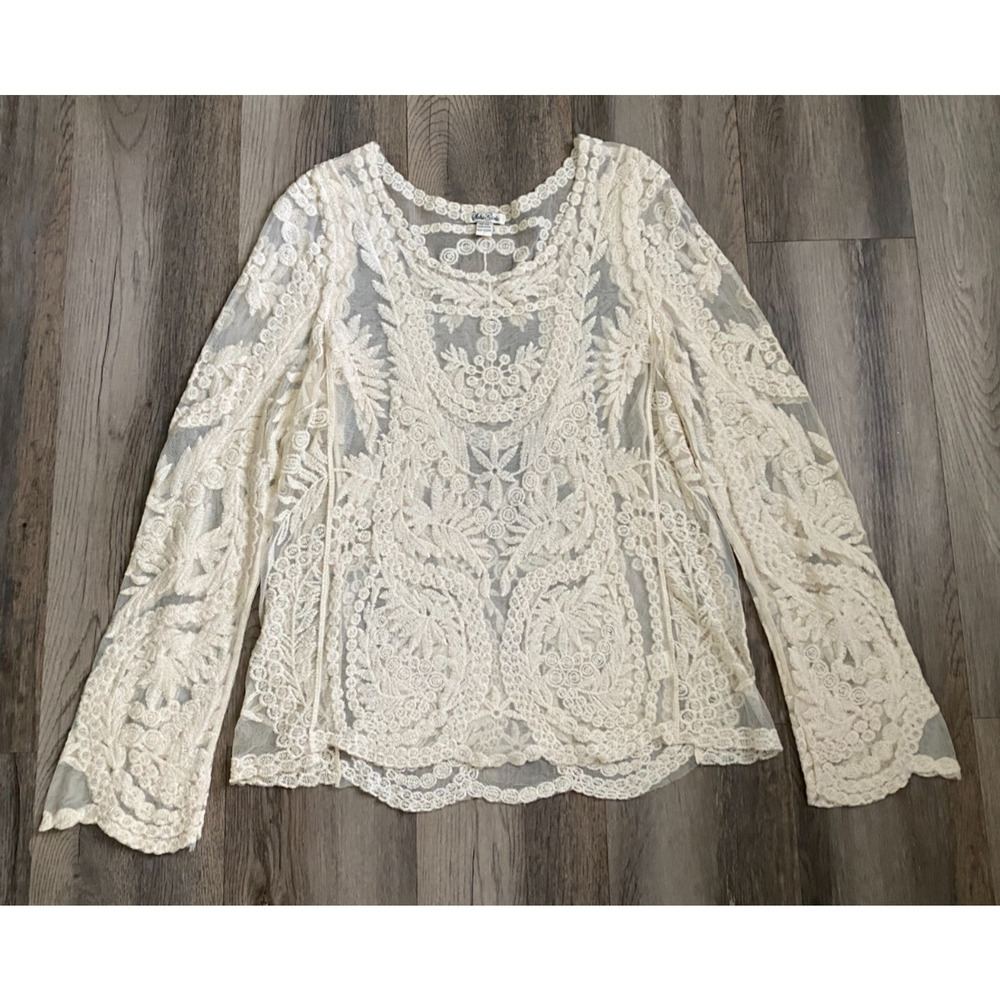 Vintage Y2K Mesh Floral Embroidery Flare Sleeve Top OS Ivory Sheer Boho Chic